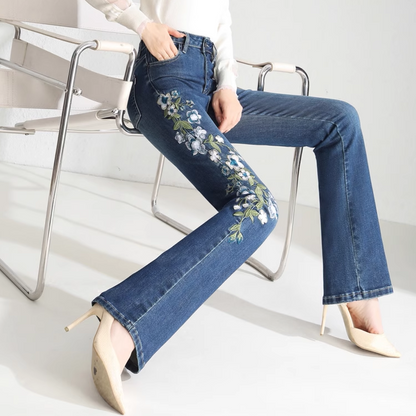 Damen-Schlagjeans mit hoher Taille und Stickerei