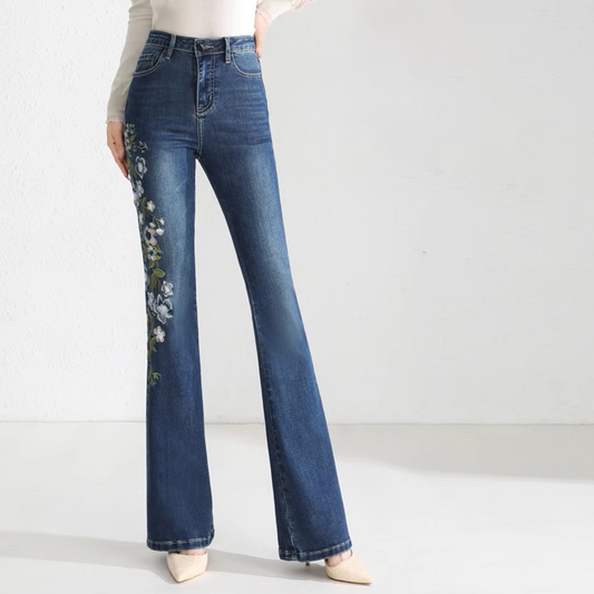 Damen-Schlagjeans mit hoher Taille und Stickerei